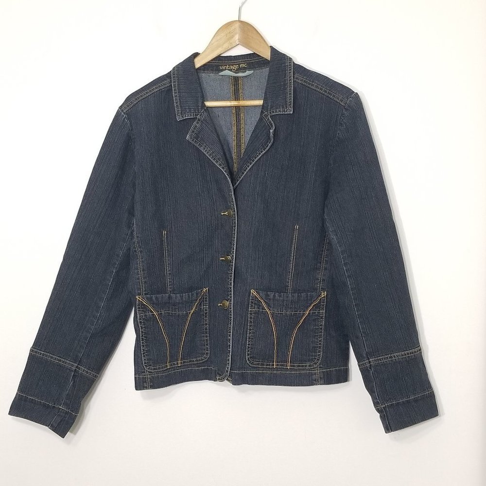 Vintage MC Dark Blue Denim Cotton Blend Jean Jacket Stretch Retro Pockets Blazer